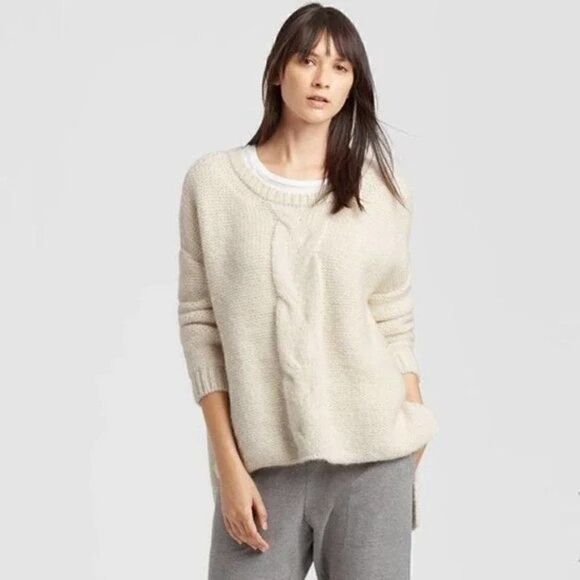 Eileen Fisher Baby Alpaca Cable Knit Boxy Hi-Low Sweater in Cream - Picture 2 of 8